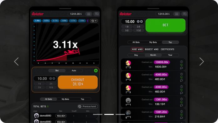 Aviator game mobile view showing cashout button, bet history, and biggest wins leaderboard