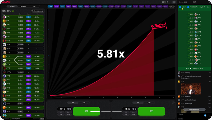 Aviator game interface showing multiplier curve, bet panel, and live chat on desktop